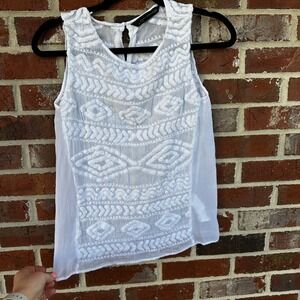 Zara Woman White Embroidered Sleeveless Tank Top Casual Basics Career Blouse XS‎